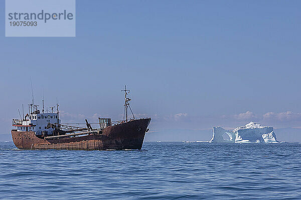 Frachter in der Nähe eines Eisbergs aus dem nahe gelegenen Ilulissat-Eisfjord  der in der Nähe von Ilulissat  Westgrönland  Polarregionen schwimmt