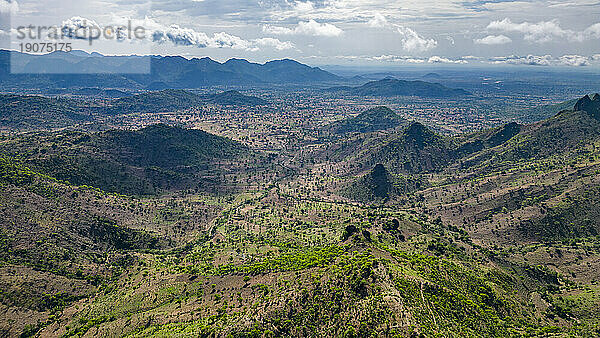 Aerial of Rhumsiki peak in the lunar landscape of Rhumsiki  Mandara mountains  Far North province  Cameroon  Africa
