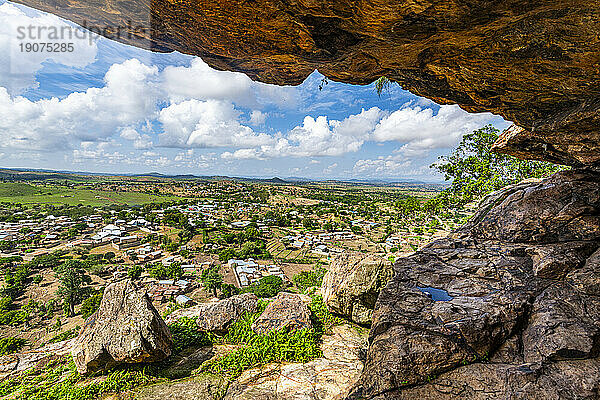 View over the village of Rhumsiki from a cave  Mandara mountains  Far North province  Cameroon  Africa