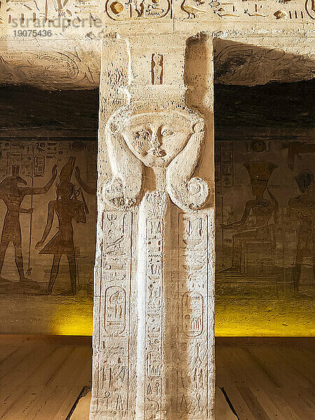 Detail of the goddess Hathor on column in the Small Temple of Abu Simbel  UNESCO World Heritage Site  Abu Simbel  Egypt  North Africa  Africa