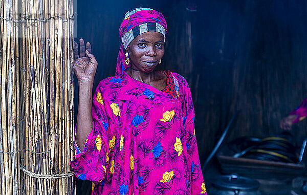 Porträt einer einheimischen Frau in leuchtend rosa Kleidung  Tschadsee  Tschad  Afrika