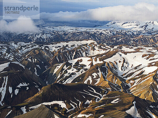 Aerial view taken by drone of Landmannalaugar mountain on a summer day  Iceland  Polar Regions