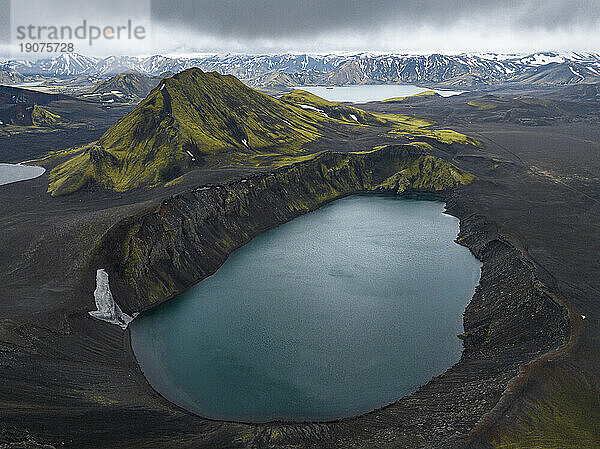 Aerial view taken by drone of Landmannalaugar mountain on a cloudy summer day  Iceland  Polar Regions