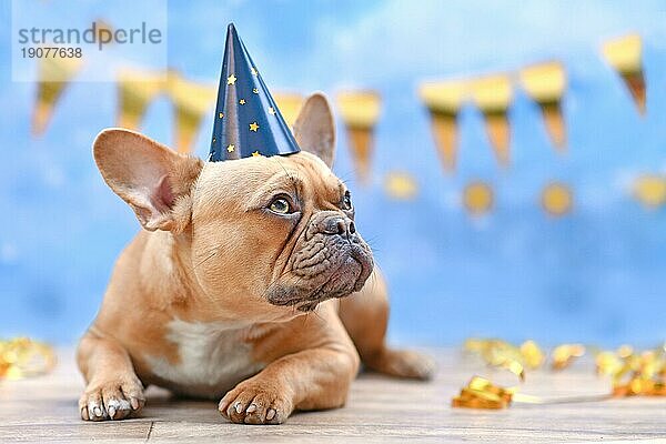 Red fawn Französisch Bulldog mit Geburtstag Teil Hut vor verschwommenen blauen Hintergrund mit Girlanden und Luftschlangen Partei