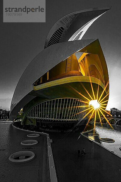 Palau de les Arts  Cuitat de les Arts i les Ciences  Sonnenuntergang  Gegenlicht  moderne Architektur  Valencia  Spanien  Europa