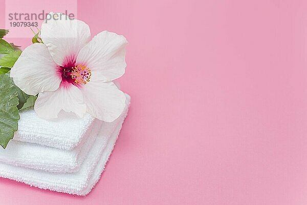 Close up weißen Hibiskus Blume Handtücher rosa Hintergrund