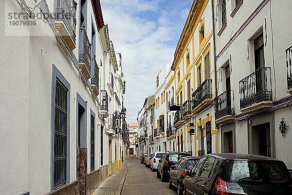 Traditionelle Wohnhäuser in einer ruhigen engen Straße in der Altstadt von Córdoba  Andalusien  Spanien  Europa