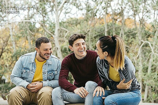 Multiethnische Freunde erzählen lustige Geschichten im Park