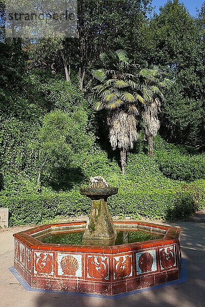 Springbrunnen in der ruhigen Landschaft des Montjuic Gartens in Barcelona  Katalonien  Spanien  Europa