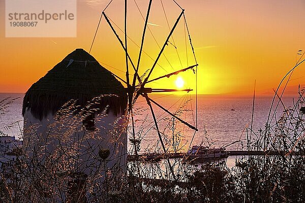 Berühmte traditionelle griechische Windmühle auf der Spitze des Hügels Mykonos  Kykladen  Griechenland bei Sonnenuntergang. Schöne Sonnenuntergang Himmel  Sonne berühren Meer Horizont  hohes Gras im Vordergrund  buntes Bild  selektiver Fokus  unterbelichtet