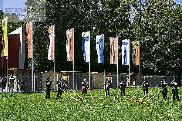 Alphornbläser und Kantonsfahnen  Interlaken  Schweiz  Europa