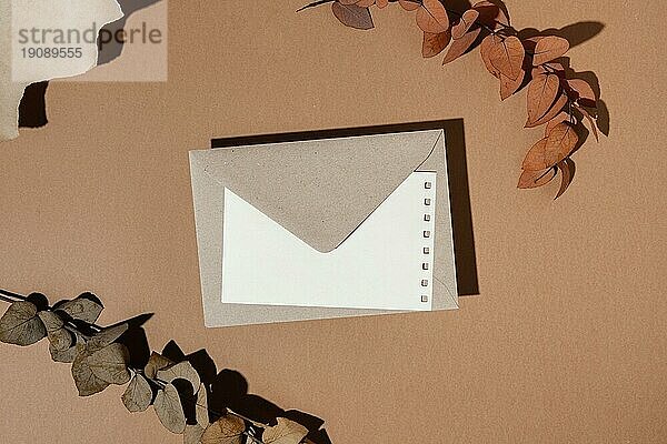 Draufsicht Briefpapier Umschlag mit getrockneten Blättern