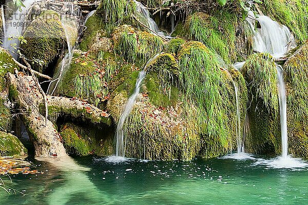 Schöne malerische Wasserkaskade  die im Herbst über grasbewachsene Felsen fließt