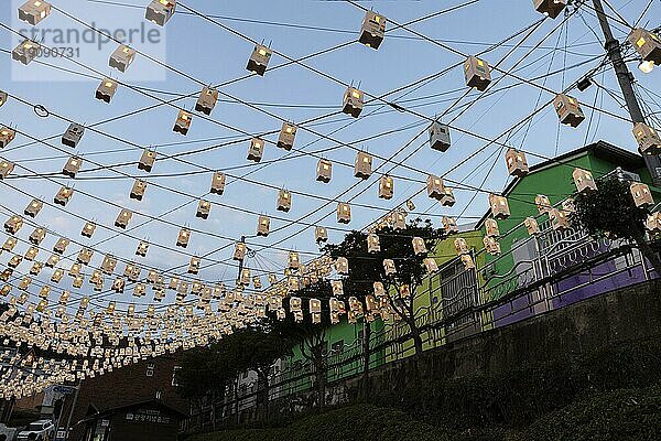 Leuchtende  handbemalte Lampions  bunte Häuser  Gamcheon Cultural Village  Busan  Provinz Gyeongsangnam-do