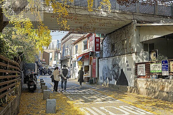 Straße mit dem bekannten Wandbild We Are Young von Won Yeong-seon  mit Herbstlaub  in der Nähe von Bukchon Hanok Village  Jongno-gu  Seoul