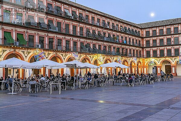 Restaurants auf dem Platz Plaza de la Corredera in der Abenddämmerung  Cordoba  Andalusien  Spanien  Europa