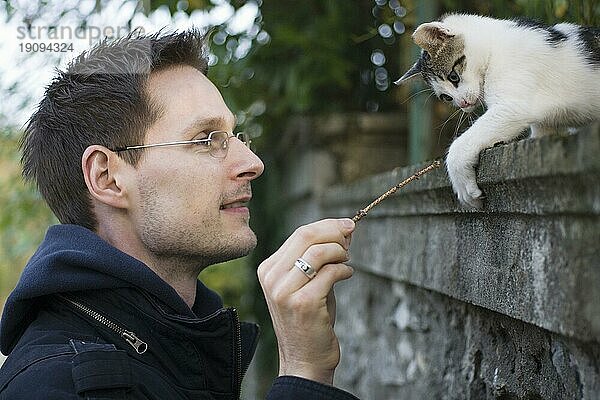 Ein Mann beim Spiel mit einer jungen Hauskatze