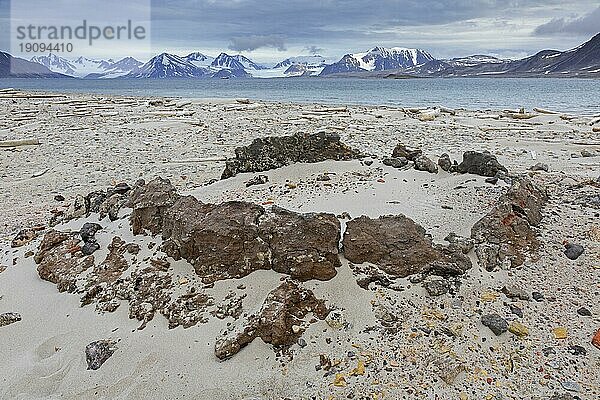 Überreste von Blubberöfen aus dem 17. Jahrhundert von holländischen Walfängern in Smeerenburg auf der Insel Amsterdam  Amsterdamøya  Svalbard  Spitzbergen  Norwegen  Europa