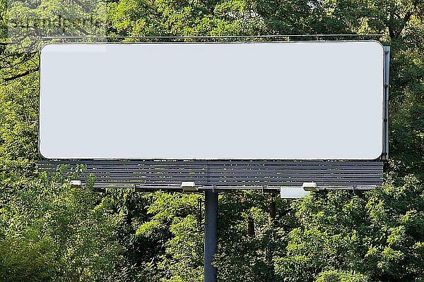 Große leere Plakatwand mit Werbefläche vor dem grünen Wald