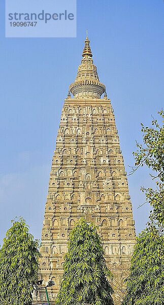 Wunderschön verzierter Turm der buddhistischen Mahabodhi Tempelanlage in Bihar  Indien  Asien