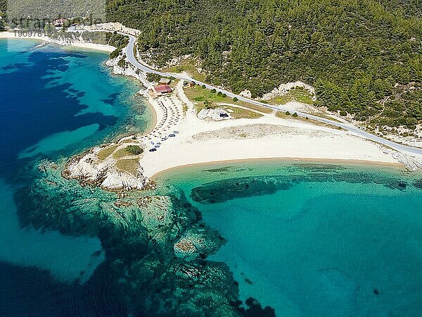 Luftaufnahme  Ema-Strand  Toroni  Torone  Sithonia  Chalkidiki  Zentralmakedonien  Griechenland  Europa