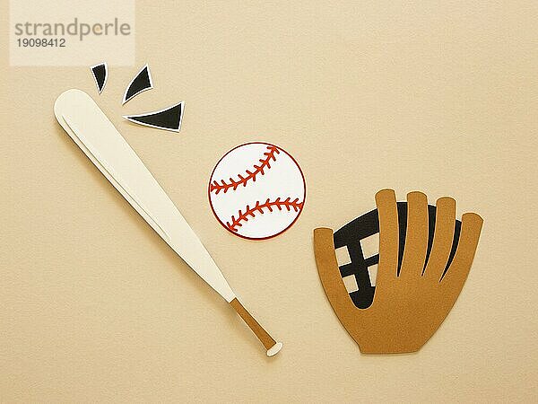 Draufsicht Baseballschläger mit Handschuhball
