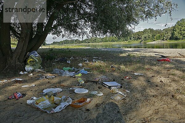 Partymüll an der Elbe  illegal deponierter Müll im Naturschutzgebiet  Dessau-Roßlau  Sachsen-Anhalt  Deutschland  Europa