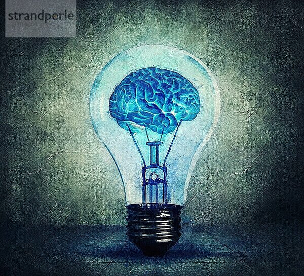 Surreal Glühbirne Malerei mit einem leuchtenden Gehirn im Inneren. Blau leuchtende Glühbirne  menschliche Kreativität und Idee Konzept. Geistige Entwicklung  die Energie des Geistes