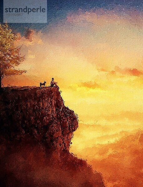Ein junger Mann und sein treuer Hund begegnen dem Sonnenuntergang gemeinsam als beste Freunde. Schönes Gemälde mit einem Menschen und einem Welpen am Rande der Klippe  die den Sonnenuntergang über dem Tal beobachten. Wunderbare Natur