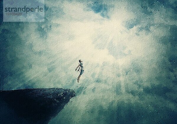 Schönes Gemälde mit einer Person  die von einer Klippe in die Wolken springt. Surreale Szene eines Jungen fliegen  um das Licht  Freiheit Konzept. Mysteriöse astrale Levitation und unbewusste Psychokinese Entrückung
