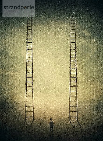 Surreales Gemälde mit zwei identischen Leitern  die in den Himmel führen. Die Treppe zum Himmel  Konzept der Wahl. Scheitern und Erfolg  schwierige Entscheidung  Dilemma im Leben