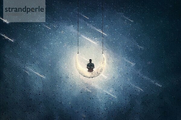 Surreales Gemälde eines Jungen  der sich auf einer Mondsichelschaukel wiegt  mit einem wunderbaren kosmischen Blick auf den Sternenhimmel. Abenteuerlicher Geist  fantastische Szene