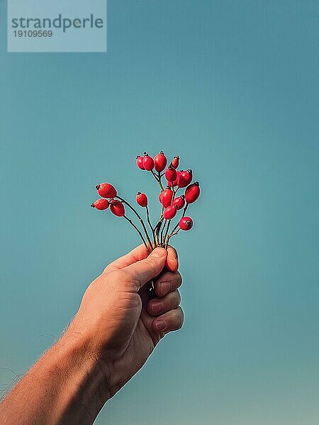 Close up Person Hand hält ein Bündel von brier Beeren über einen klaren blauen Himmel Hintergrund. Mann Arm mit Hagebuttenzweige und rote reife Früchte. Herbst Saison Stimmung und dogrose Pflanzensamen