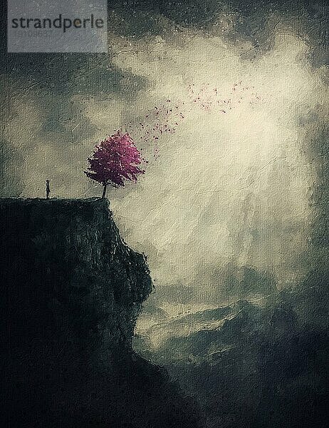 Der Baum des Lebens konzeptionelle Malerei mit einer Person Silhouette fand eine surreale lila Baum am Rande einer Klippe. Wunderbare Szene  Abenteuer Konzept. Magische entdecken
