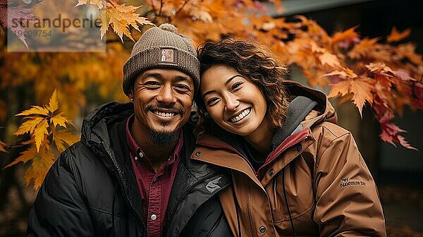 Glückliches  warm gekleidetes  junges  liebendes  asiatisches Paar lächelt  als sie die schönen Herbstblätter im Park genießen  generative AI