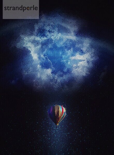 Schöne Malerei mit einem bunten Heißluftballon fliegen über die Stratosphäre in ein magisches Wurmloch. Surreal und verträumt Tapete  Reise Abenteuer Konzept