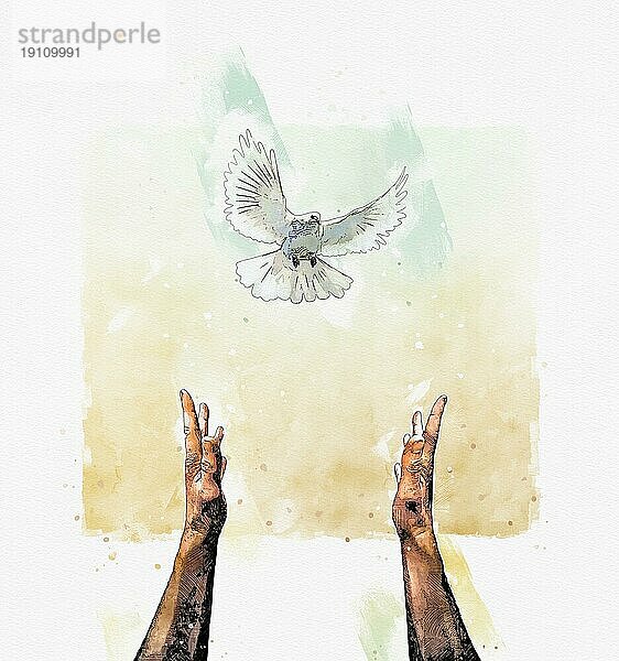 Frieden konzeptionelle Malerei mit menschlichen Händen streckte sich in Richtung einer fliegenden weißen Taube. Stop Krieg  Harmonie und Befriedung Konzept