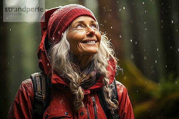 Ältere Frau mit grauem Haar und roter Regenjacke steht freudstrahlend in freier Natur  hinten nordische Landschaft  Regenwetter  Glücklich  KI generiert