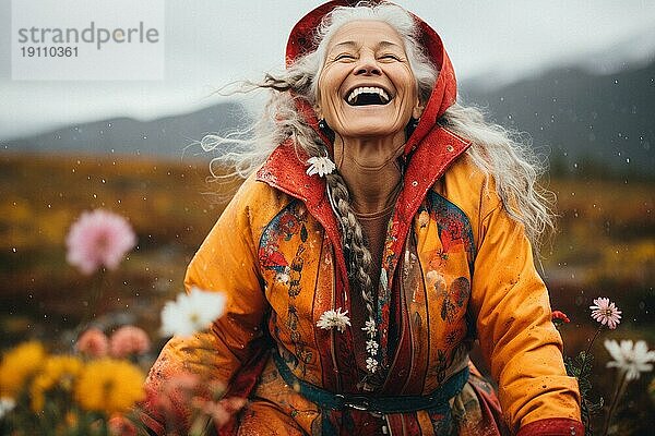 Ältere Frau mit grauem Haar und gelber Regenjacke steht freudstrahlend in freier Natur  hinten nordische Landschaft  Regenwetter  Glücklich  KI generiert