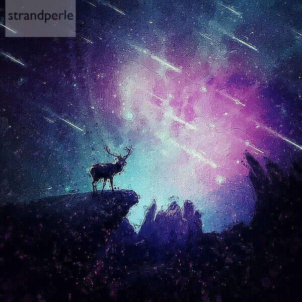 Schönes Gemälde von einem einsamen Hirsch auf der Spitze einer Klippe über sternenklaren Nachthimmel Hintergrund. Wunderbare Szene mit fallenden Kometen
