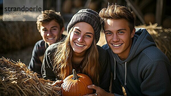 Junger Freund und Freundin genießen das Kürbisfeld an einem Herbsttag  generative KI