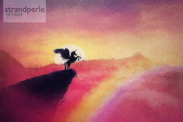 Schöne Pegasus Malerei  wilde geflügelte Einhorn Silhouette am Rande eines Abgrunds. Fabulous Sonnenuntergang in einem rosa Paradies  magische Traumland Szene mit einer surrealen Kreatur über dem Regenbogen