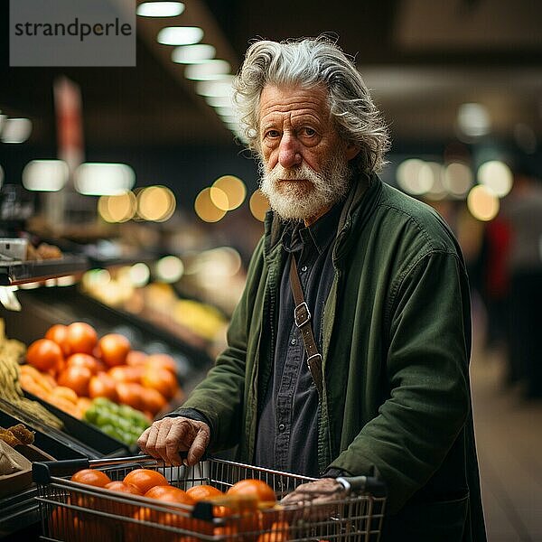 Einkaufen im Supermarkt  alter Mann  besorgt über die hohen Preise  AI erzeugt