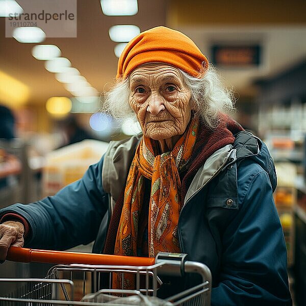 Eine alte Dame  die im Supermarkt einkauft  ist besorgt über die hohen Preise  die AI generiert