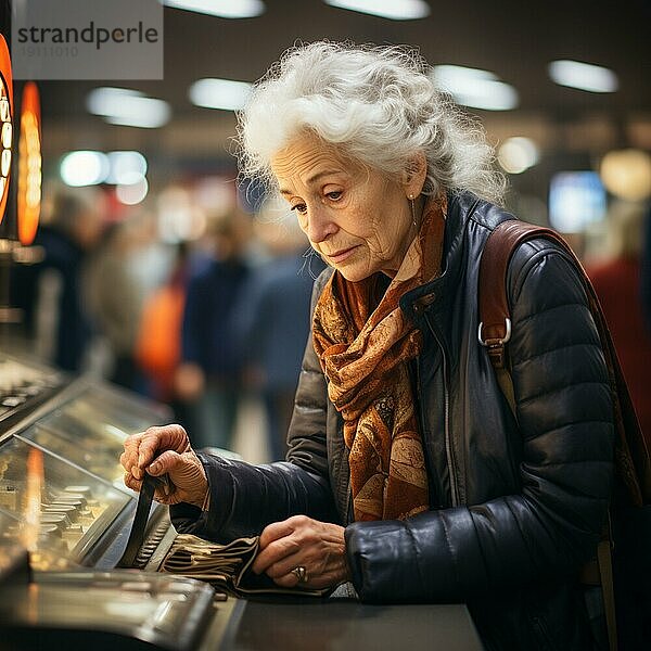 Eine alte Dame  die im Supermarkt einkauft  ist besorgt über die hohen Preise  die AI generiert