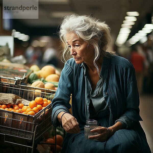 Eine alte Dame  die im Supermarkt einkauft  ist besorgt über die hohen Preise  die AI generiert