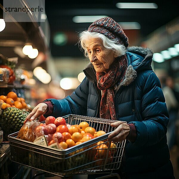 Eine alte Dame  die im Supermarkt einkauft  ist besorgt über die hohen Preise  die AI generiert