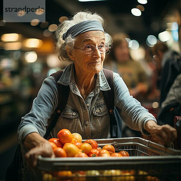 Eine alte Dame  die im Supermarkt einkauft  ist besorgt über die hohen Preise  die AI generiert