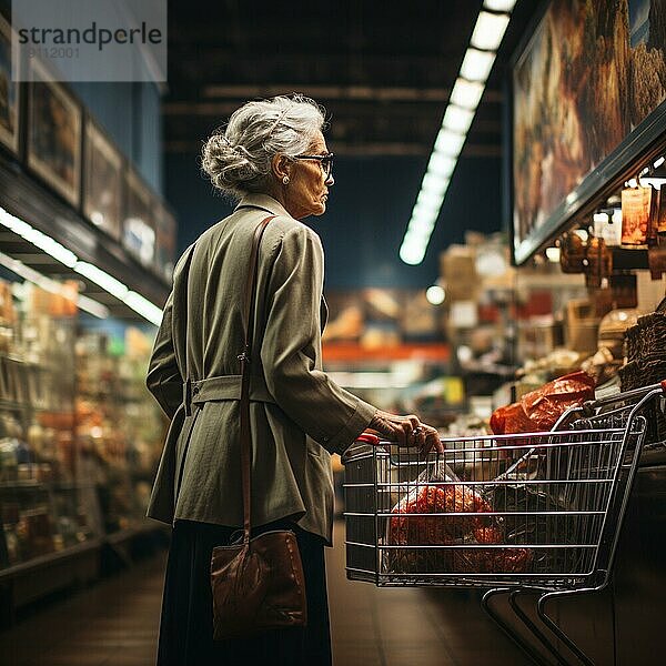 Eine alte Dame  die im Supermarkt einkauft  ist besorgt über die hohen Preise  die AI generiert