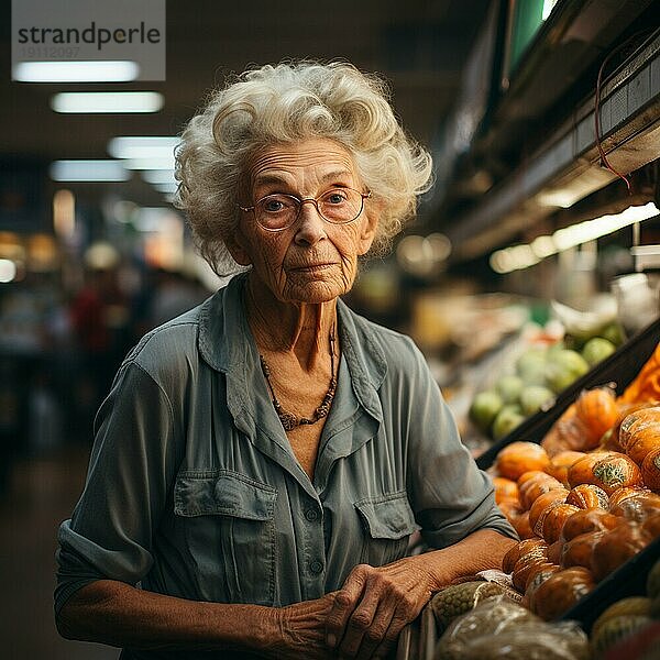 Eine alte Dame  die im Supermarkt einkauft  ist besorgt über die hohen Preise  die AI generiert